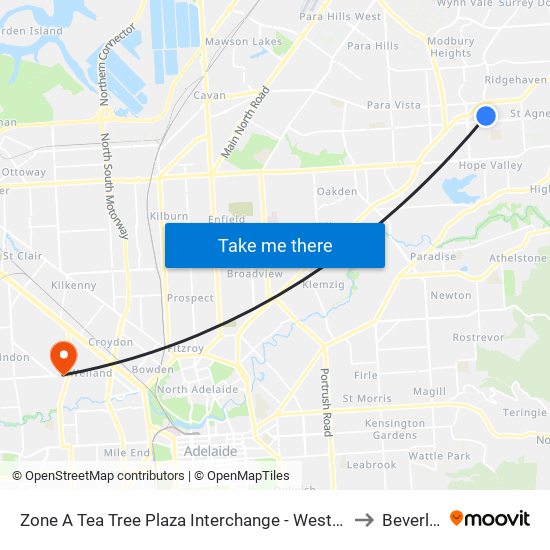 Zone A Tea Tree Plaza Interchange - West side to Beverley map