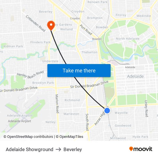 Adelaide Showground to Beverley map