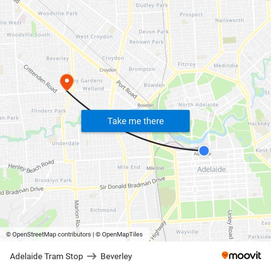 Adelaide Tram Stop to Beverley map