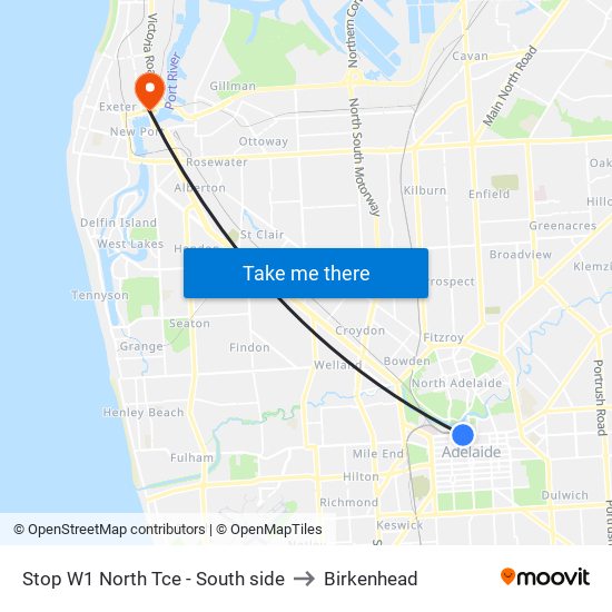 Stop W1 North Tce - South side to Birkenhead map