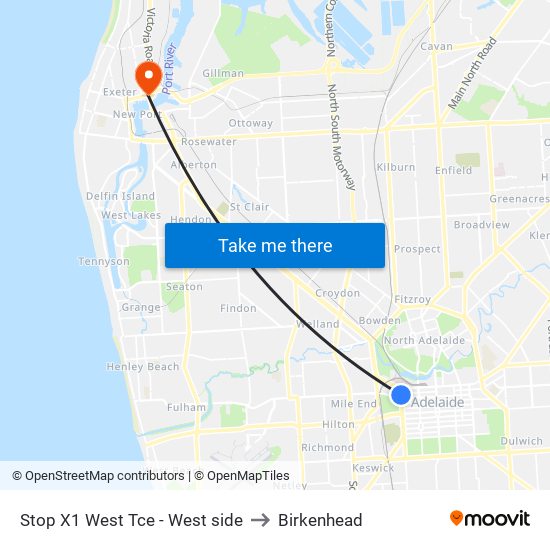 Stop X1 West Tce - West side to Birkenhead map