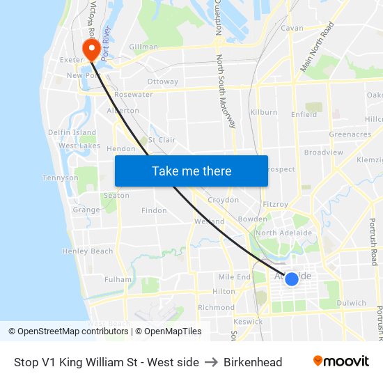 Stop V1 King William St - West side to Birkenhead map