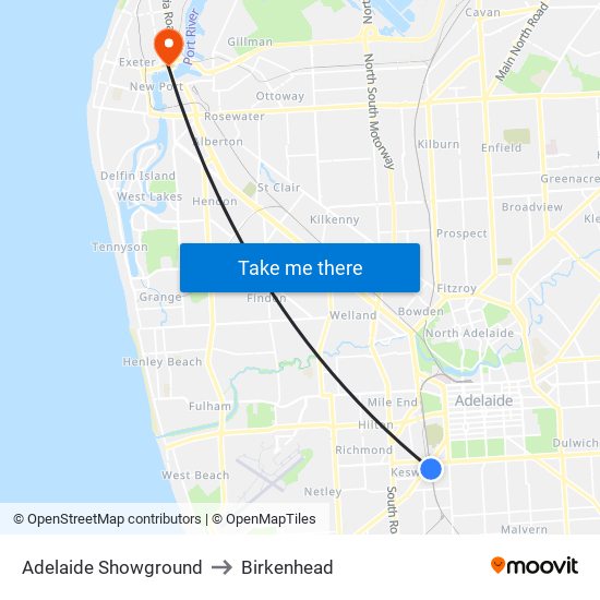 Adelaide Showground to Birkenhead map