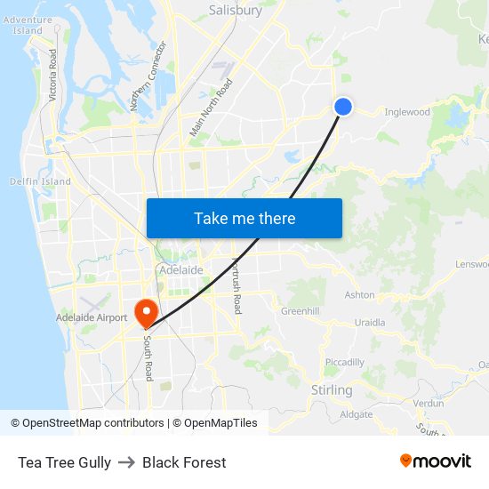 Tea Tree Gully to Black Forest map