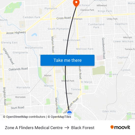 Zone A Flinders Medical Centre to Black Forest map