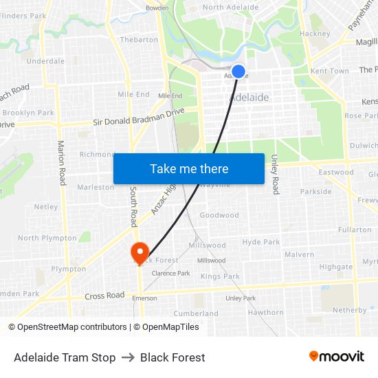 Adelaide Tram Stop to Black Forest map