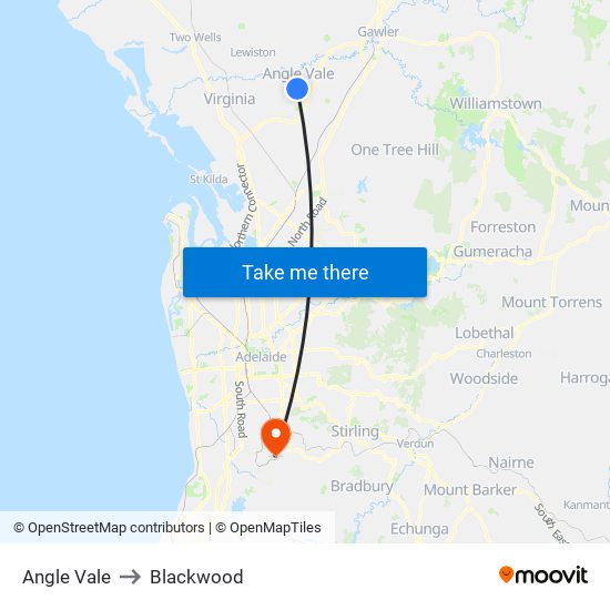 Angle Vale to Blackwood map