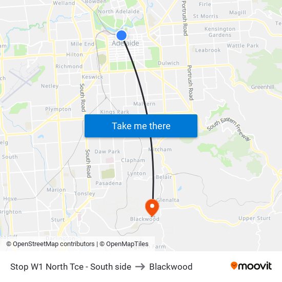 Stop W1 North Tce - South side to Blackwood map