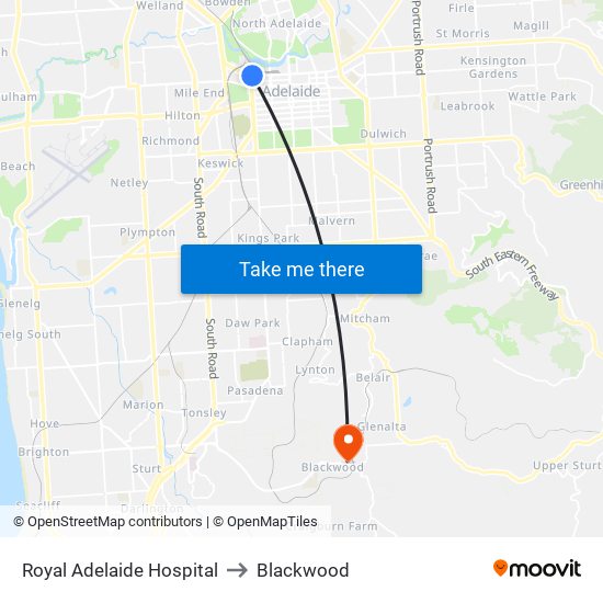 Royal Adelaide Hospital to Blackwood map