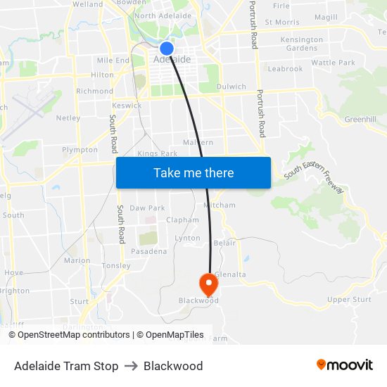 Adelaide Tram Stop to Blackwood map