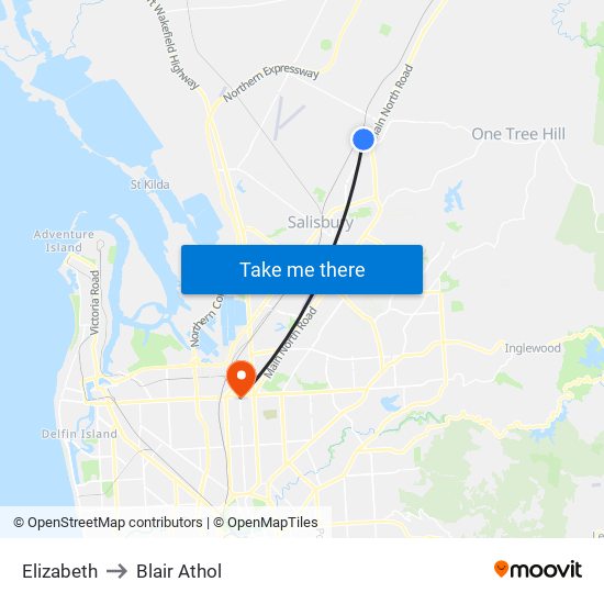 Elizabeth to Blair Athol map