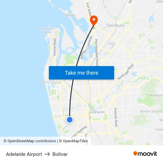 Adelaide Airport to Bolivar map