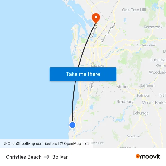 Christies Beach to Bolivar map