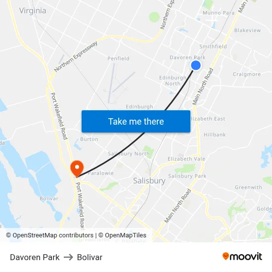 Davoren Park to Bolivar map