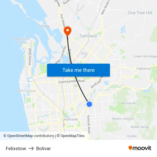 Felixstow to Bolivar map