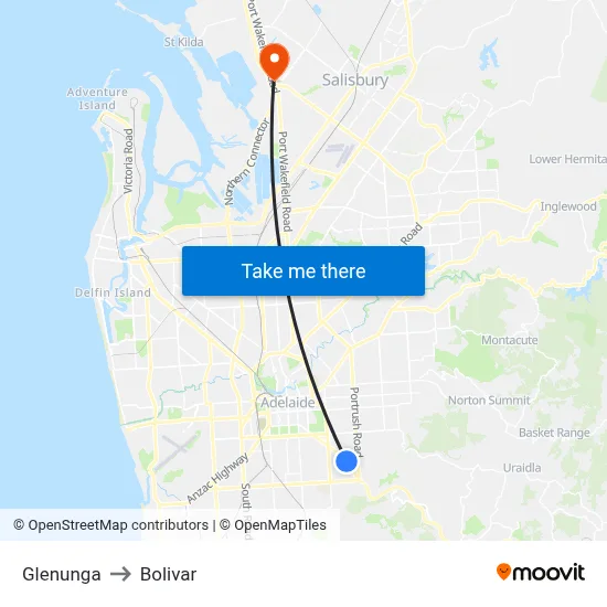 Glenunga to Bolivar map
