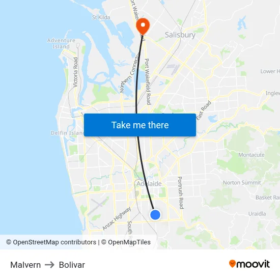Malvern to Bolivar map