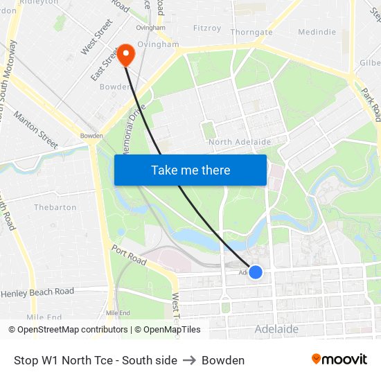 Stop W1 North Tce - South side to Bowden map