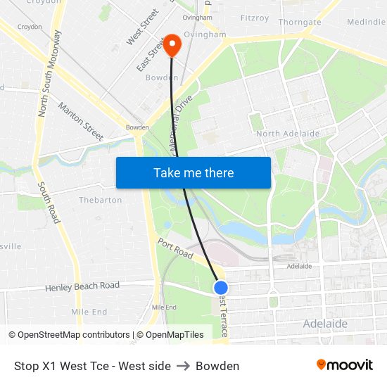 Stop X1 West Tce - West side to Bowden map