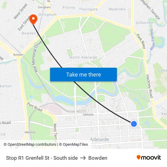 Stop R1 Grenfell St - South side to Bowden map