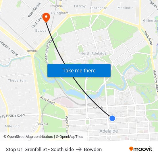 Stop U1 Grenfell St - South side to Bowden map