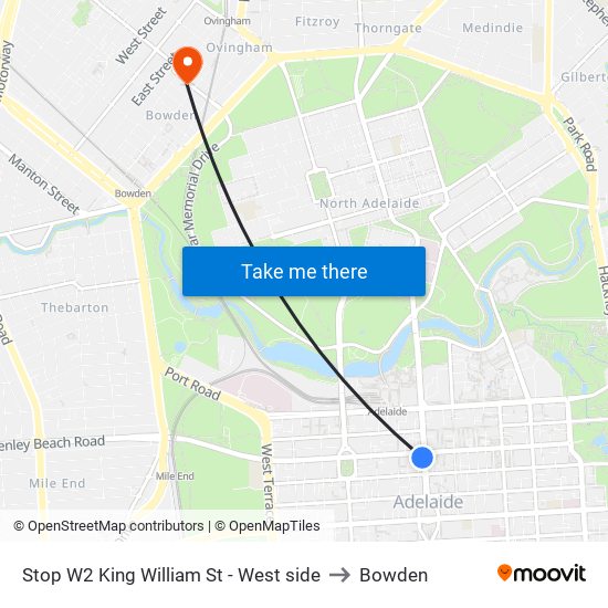 Stop W2 King William St - West side to Bowden map