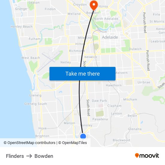 Flinders to Bowden map