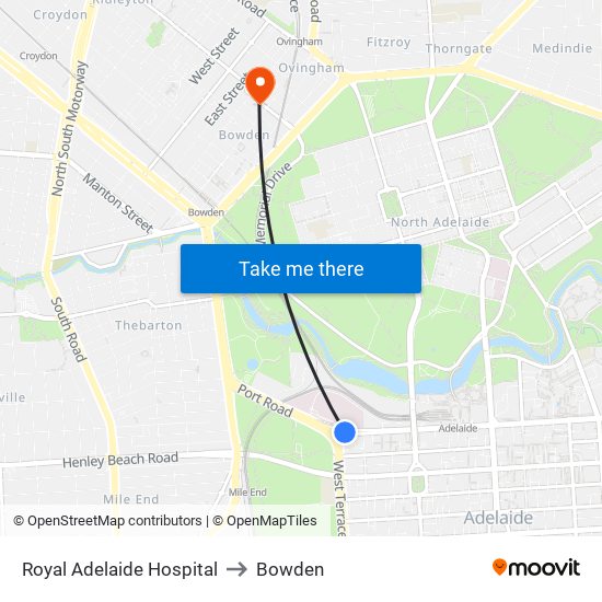 Royal Adelaide Hospital to Bowden map