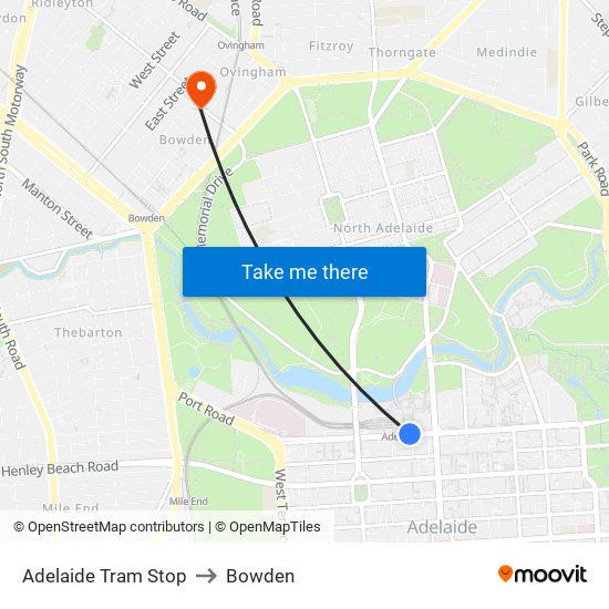 Adelaide Tram Stop to Bowden map