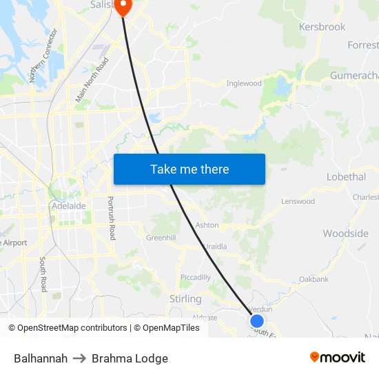 Balhannah to Brahma Lodge map