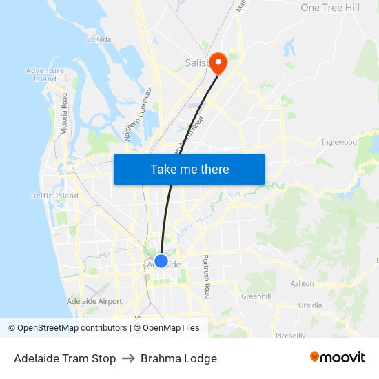 Adelaide Tram Stop to Brahma Lodge map