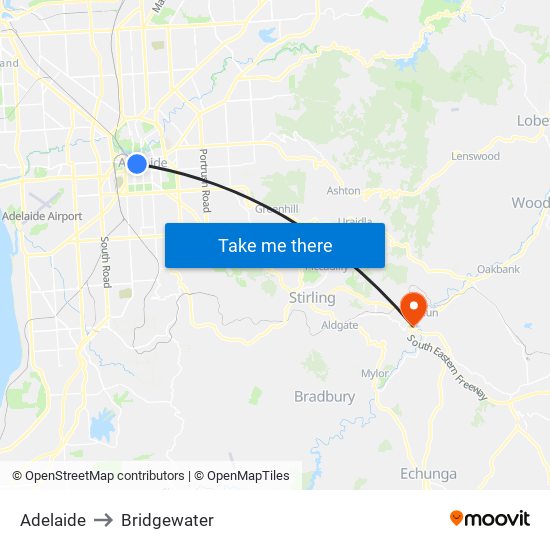 Adelaide to Bridgewater map