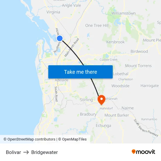 Bolivar to Bridgewater map