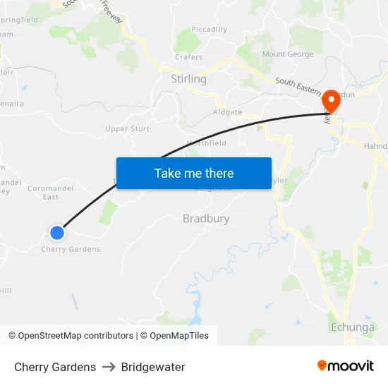 Cherry Gardens to Bridgewater map