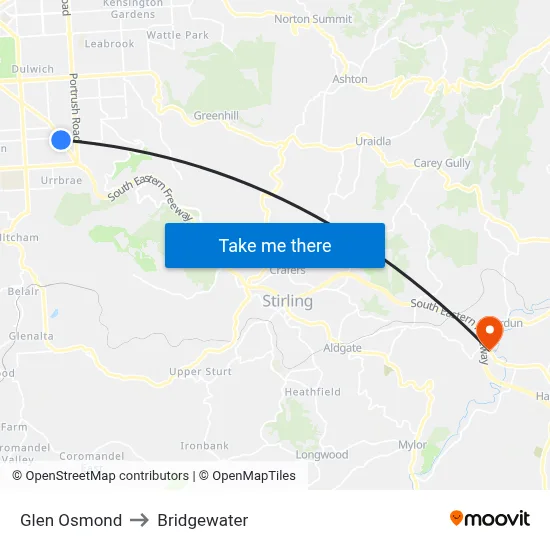 Glen Osmond to Bridgewater map