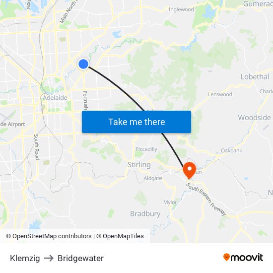 Klemzig to Bridgewater map