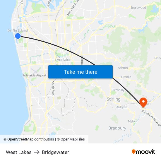 West Lakes to Bridgewater map