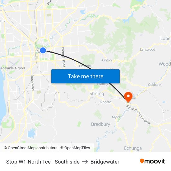 Stop W1 North Tce - South side to Bridgewater map