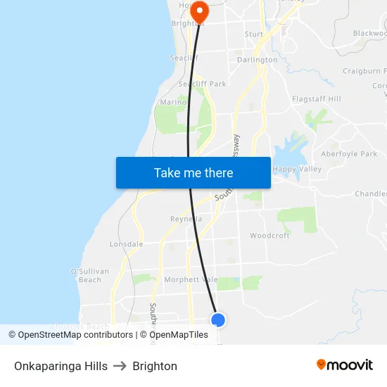 Onkaparinga Hills to Brighton map