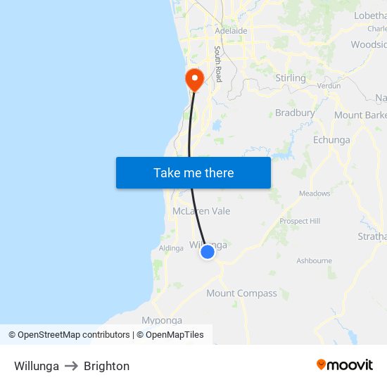 Willunga to Brighton map