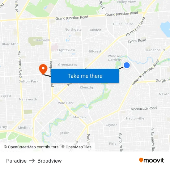 Paradise to Broadview map