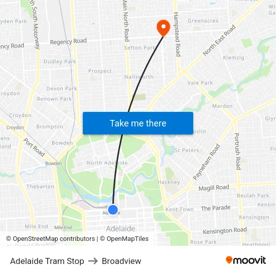 Adelaide Tram Stop to Broadview map