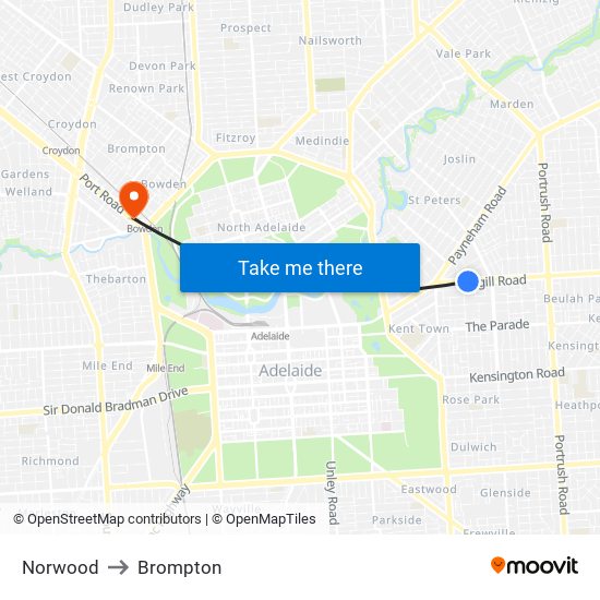 Norwood to Brompton map