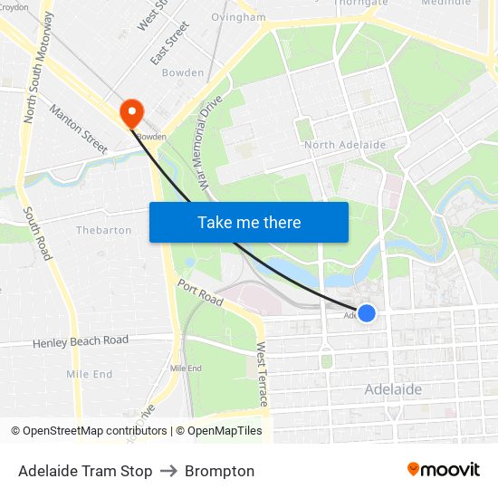 Adelaide Tram Stop to Brompton map