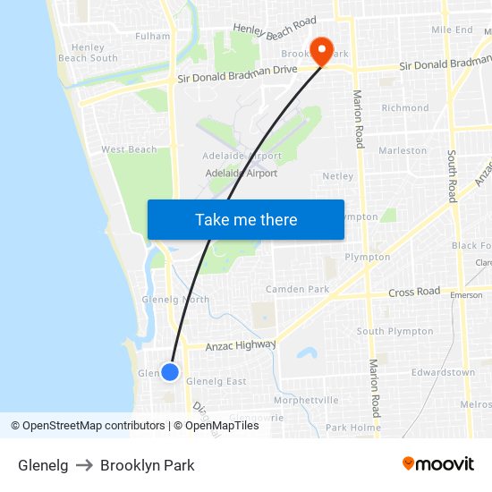 Glenelg to Brooklyn Park map