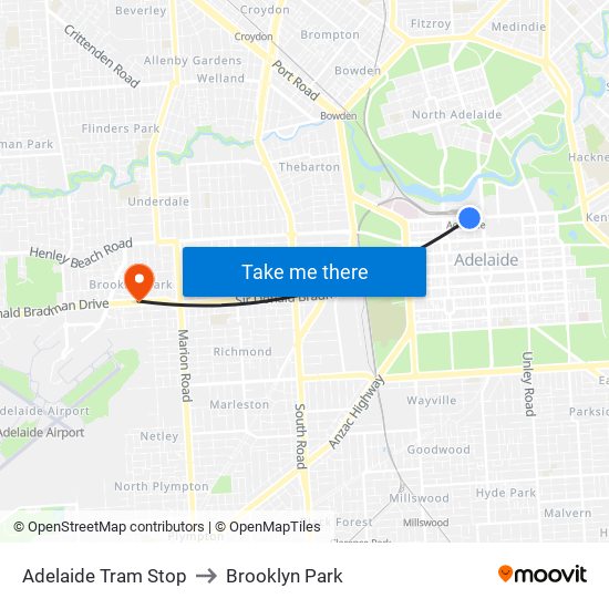 Adelaide Tram Stop to Brooklyn Park map