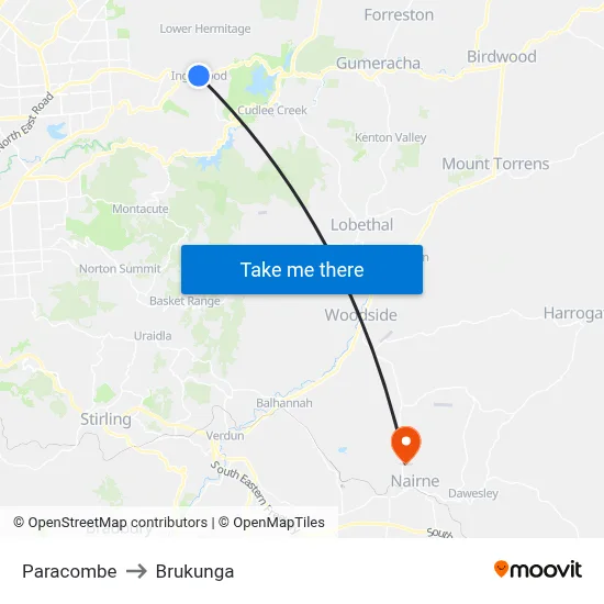 Paracombe to Brukunga map