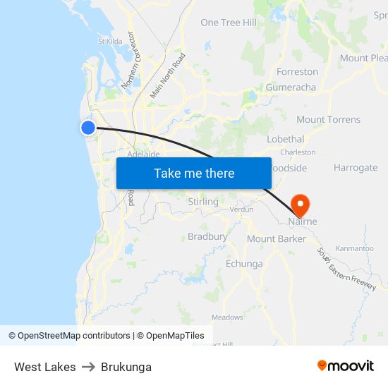 West Lakes to Brukunga map