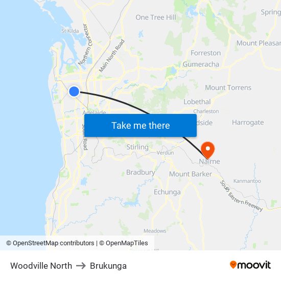 Woodville North to Brukunga map