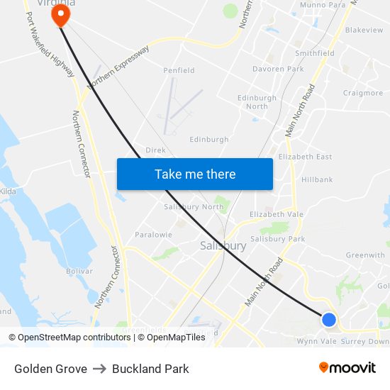 Golden Grove to Buckland Park map